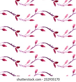 Seamless watercolor background with violet branches. Vector illustrated hand drawn pattern