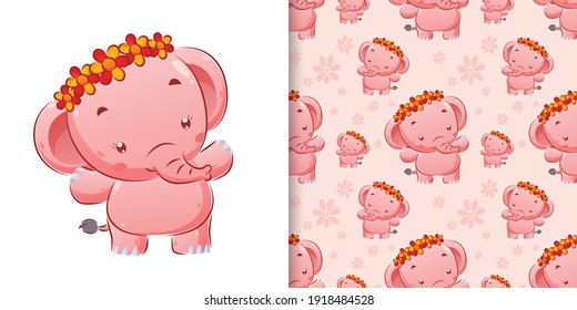 The seamless watercolor of the beautiful elephant using the flowers crown of illustration