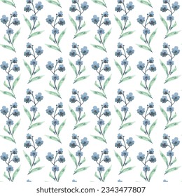 Patrón de flores azules de color agua sin foco. Fondo floral. Ramas florecientes en el fondo blanco. Ilustración vectorial.