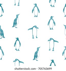 Seamless watercolor blue penguins pattern. Vector background.