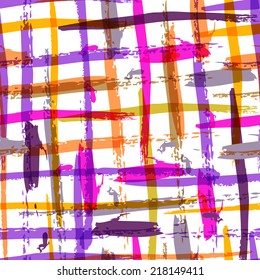 Seamless watercolor bold plaid pattern with colorful stripes. Vector hand painted background in pink, purple, orange colors. Trendy design for fashion print, holiday package and wrapping. 