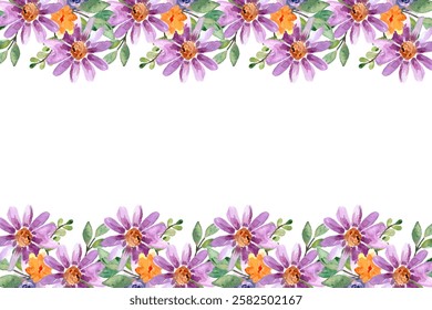 Seamless watercolor border flower. Floral illustration isolated on white background.