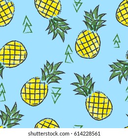 Seamless watercolor bright pineapple pattern. Vector hand drawn fruit background.