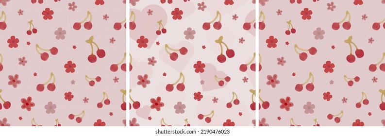 Seamless watercolor cherry pattern with hearts, flowers, and pink background. Vector illustration in watercolor style for spring cover, wallpaper, wrapping backdrop, packaging, backgrounds, stationary