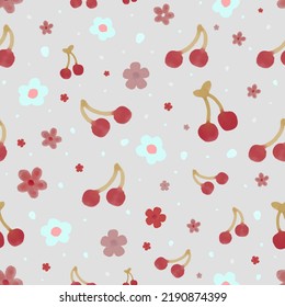 Seamless watercolor cherry pattern with hearts, flowers, and pink background. Vector illustration in watercolor style for spring cover, wallpaper, wrapping backdrop, packaging, backgrounds, stationary