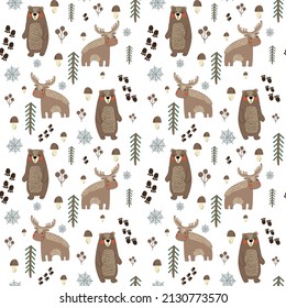 Seamless watercolor childish pattern with bears, moose, owl in the autumn wood. Creative kids forest texture for fabric, wrapping, textile, wallpaper, apparel. Vector illustration