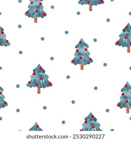 Seamless watercolor Christmas trees pattern in retro style. Vector holiday background