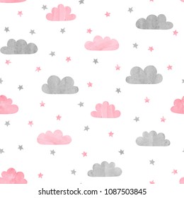 Seamless watercolor clouds and stars pattern. Vector illustration for kids design.