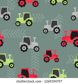 Seamless watercolor colorful tractor pattern for kids.