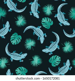 Seamless watercolor crocodile pattern. Vector background with alligators and palm leaves.