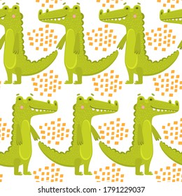 Seamless watercolor crocodile pattern. Vector background with alligators. Seamless pattern with a crocodile on a light background. Cute green aligator with white teeth. Hand drawn illustration in flat