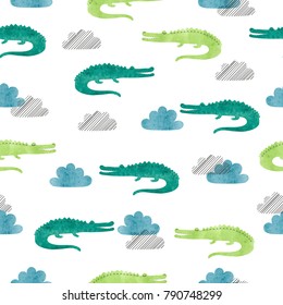 Seamless watercolor crocodile pattern. Vector background with alligators and clouds.