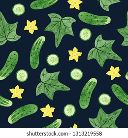 Seamless watercolor cucumber pattern. Vector green vegetable background