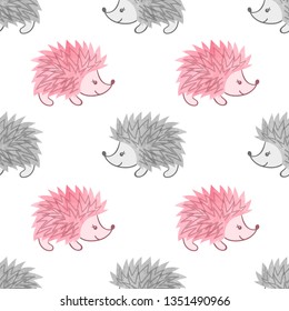 Seamless watercolor cute hedgehog pattern for kids design.