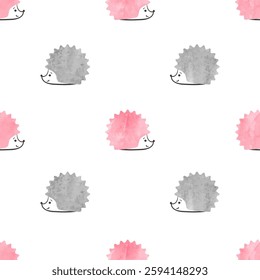 Seamless watercolor cute hedgehog pattern. Polka dot childish print