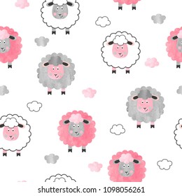 Seamless watercolor cute sheep pattern. Vector background for kids.