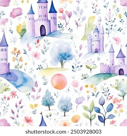 Seamless watercolor design with castles, trees, flowers on a white backdrop. Elegant vector pattern fantasy nature and architecture. Combination of elements creates a graceful and artistic design