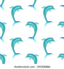 Seamless watercolor dolphins pattern. Ocean boundless background for your design. 