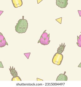 seamless watercolor durian ,pineapple , dragonfruit and triangle pattern , hand drawing durian ,pineapple , dragonfruit and triangle pattern 
