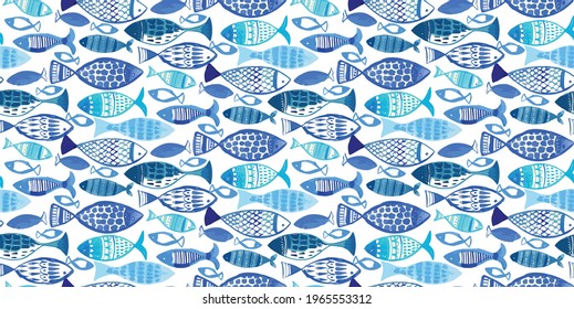 Seamless watercolor fish pattern with white background