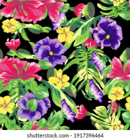 Seamless watercolor floral hawaiian pattern. Miami flowers on black. Textile composition, hand drawn style, vector