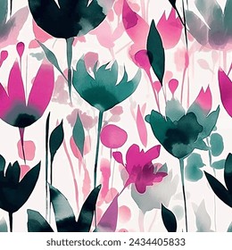 Seamless watercolor floral pattern with abstract flower and leaf background elements in pink, green and black