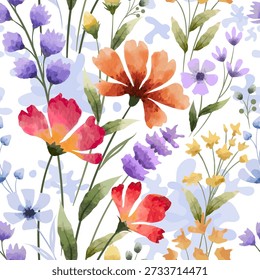 Seamless watercolor floral pattern background featuring a spring nature design with pink roses, red poppies, and tulips in a blooming summer flower bouquet illustration