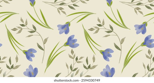 Seamless watercolor floral pattern with blue crocus flowers, green leaves, and beige background. Ideal for fabric, wallpaper, stationery, gift wrapping, and spring-themed designs in soft pastel tones.