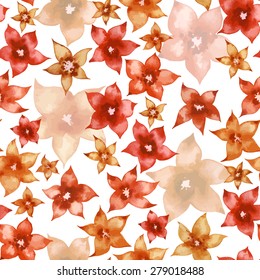 Seamless watercolor floral pattern. Cute colorful flowers. Red and orange flowers on beage background