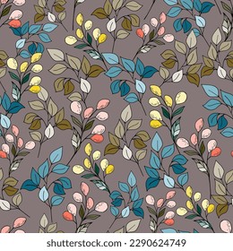 Seamless watercolor floral pattern -  green leaves and branches composition on grey background, perfect for wrappers, wallpapers, postcards, greeting cards, wedding invitations, romantic events.