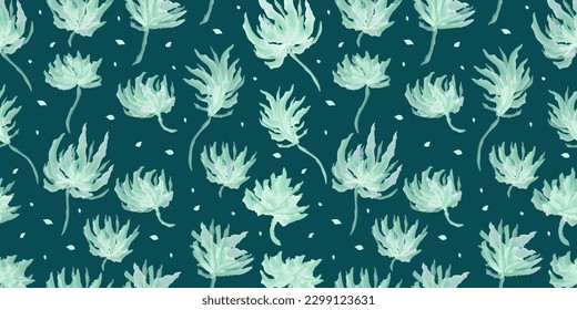 Seamless Watercolor Floral Pattern. Green Flower Motif. Suitable for Wallpaper, Wrapping Paper, Background, Fabric, Textile, Apparel, and Card Design