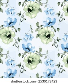 Seamless Watercolor Floral Pattern with Green and Blue Roses