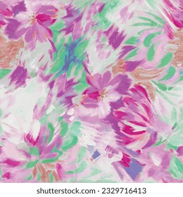 Seamless watercolor floral pattern with grunge textured distressed floral background in pink and green. Floral garden vector design for textile print, card and wallpaper