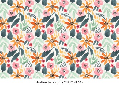 Seamless watercolor floral pattern on paper texture. Botanical background