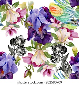 Seamless watercolor floral pattern on white background with summer garden iris flowers vector illustration