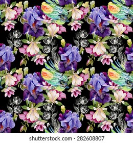 Seamless watercolor floral pattern on black background with summer garden iris flowers vector illustration