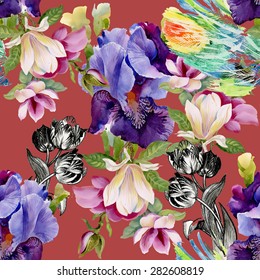 Seamless watercolor floral pattern on vinous background with summer garden iris flowers vector illustration