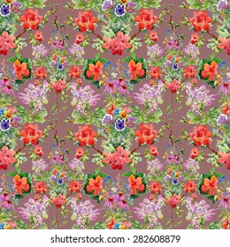 Seamless watercolor floral pattern on brown background with summer garden flowers vector illustration