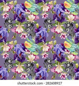 Seamless watercolor floral pattern on purple background with summer garden iris flowers vector illustration