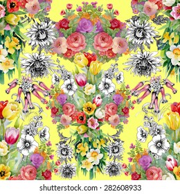 Seamless watercolor floral pattern on yellow background with summer garden tulips, narcissus, roses flowers vector illustration