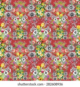 Seamless watercolor floral pattern on red background with summer garden tulips, narcissus, roses flowers vector illustration