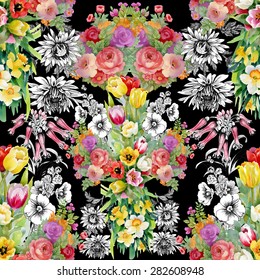 Seamless watercolor floral pattern on black background with summer garden tulips, narcissus, roses flowers vector illustration