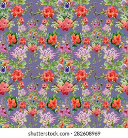 Seamless watercolor floral pattern on purple background with summer garden flowers vector illustration