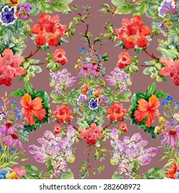 Seamless watercolor floral pattern on brown background with summer garden flowers vector illustration