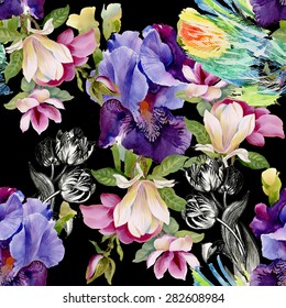 Seamless watercolor floral pattern on black background with summer garden iris flowers vector illustration
