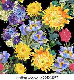 Seamless watercolor floral pattern on black background with summer garden flowers vector illustration