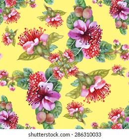 Seamless watercolor floral pattern on yellow background with summer garden flowers vector illustration