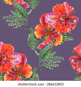Seamless watercolor floral pattern on purple background with summer garden hibiscus flowers vector illustration
