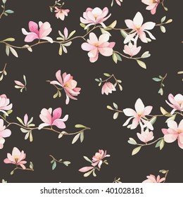 Seamless watercolor floral pattern on a black background