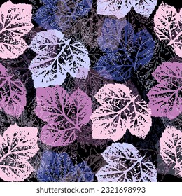 Seamless watercolor floral pattern - pink blush flowers elements, green leaves branches on dark black background. Seamless pattern with spring flowers and leaves. 